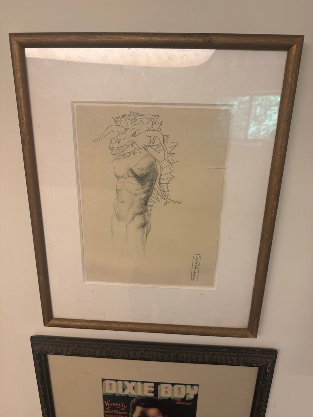 Signed Original Art Anatomical Study of Male Torso w Mythical Dragon Head 17x21”